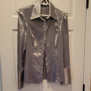 Motivi Satin Button-Front Blouse in Silver